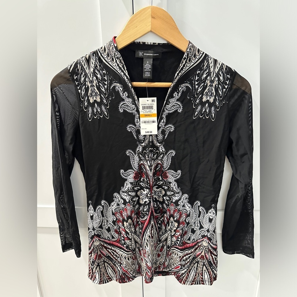INC Electric Paisley black 3/4 sleeve blouse size small NWT